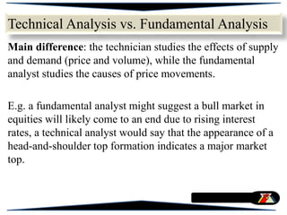 Technical Analysis vs. Fundamental Analysis
Main difference: the technician studies the effects of supply
and demand (price and volume), while the fundamental
analyst studies the causes of price movements.
E.g. a fundamental analyst might suggest a bull market in
equities will likely come to an end due to rising interest
rates, a technical analyst would say that the appearance of a
head-and-shoulder top formation indicates a major market
top.
 