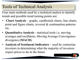 Tools of Technical Analysis
Four main methods used by a technical analyst to identify
trends and possible trend turning points are:
• Chart Analysis – graphs, candlestick charts, line charts,
point and figure charts, reversal & continuation patterns
etc.
• Quantitative Analysis - statistical tools i.e. moving
averages and oscillators, Moving Average Convergence-
divergence (MACD)
• Analysis of Sentiment Indicators – used by contrarian
investors in determining what the majority of investors
expect prices to do in the future
 