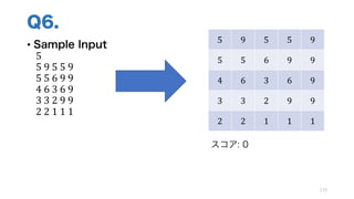 Q6.
• Sample Input
5
5	9	5	5	9
5	5	6	9	9
4	6	3	6	9
3	3	2	9	9
2	2	1	1	1
119
5 9 5 5 9
5 5 6 9 9
4 6 3 6 9
3 3 2 9 9
2 2 1 1 1
スコア: 0
 