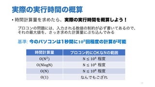実際の実行時間の概算
• 時間計算量を求めたら、実際の実行時間を概算しよう！
プロコンの問題には、入力される数値の制約が必ず書いてあるので、
それの最大値を、さっき求めた計算量にぶち込んでみる
基準: 今のパソコンは1秒間に𝟏𝟎 𝟖
回程度の計算が可能
12
時間計算量 プロコン的にOKなNの範囲
O(N1) N ≤ 10: 程度
O(NlogN) N ≤ 10; 程度
O(N) N ≤ 10< 程度
O(1) なんでもござれ
 