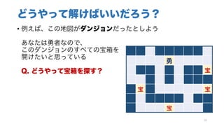 どうやって解けばいいだろう？
• 例えば、この地図がダンジョンだったとしよう
あなたは勇者なので、
このダンジョンのすべての宝箱を
開けたいと思っている
Q. どうやって宝箱を探す？
26
勇
宝
宝 宝
宝
 