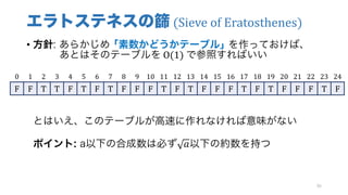 エラトステネスの篩 (Sieve	of	Eratosthenes)
• 方針: あらかじめ ｢素数かどうかテーブル｣ を作っておけば、
あとはそのテーブルを O(1) で参照すればいい
とはいえ、このテーブルが高速に作れなければ意味がない
ポイント: a以下の合成数は必ず 𝑎以下の約数を持つ
96
0 1 2 3 4 5 6 7 8 9 10 11 12 13 14 15 16 17 18 19 20 21 22 23 24
F F T T F T F T F F F T F T F F F T F T F F F T F
 