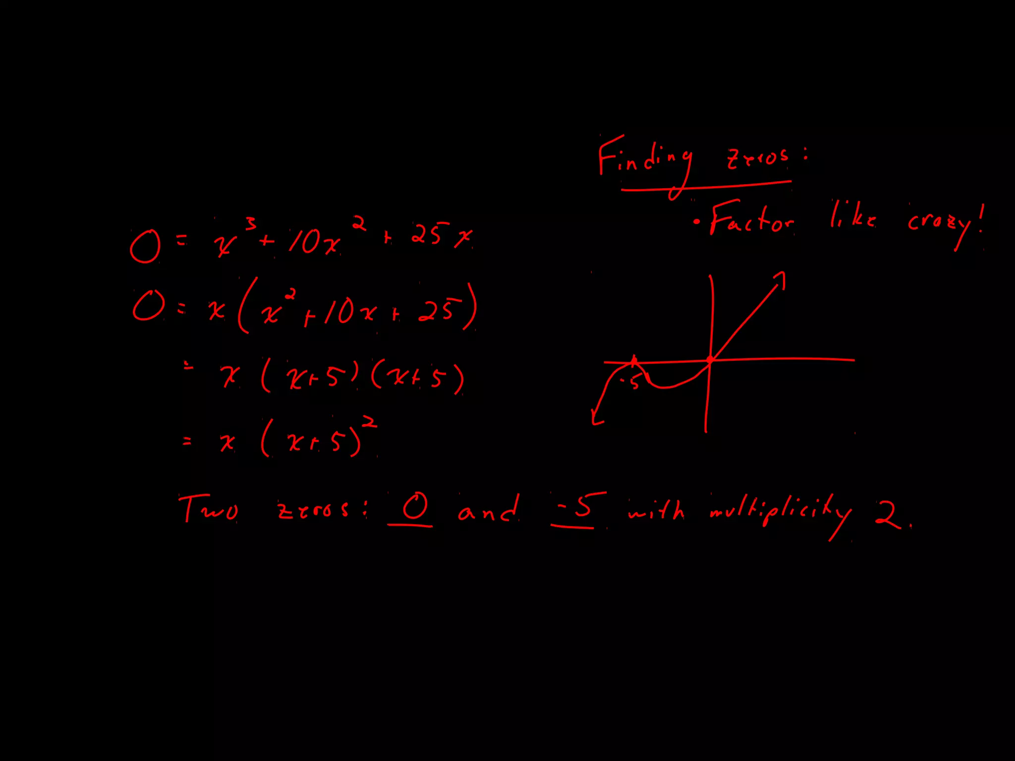 Multiplicity of Zeros:
If a polynomial has the same zero more than once, we describe that zero’s
multiplicity:
Ex:
Another theorem:
A polynomial of degree n>1 with complex coefficients has exactly n
complex zeros, if multiplicities are counted.
xxxxp 2510)( 23
++=