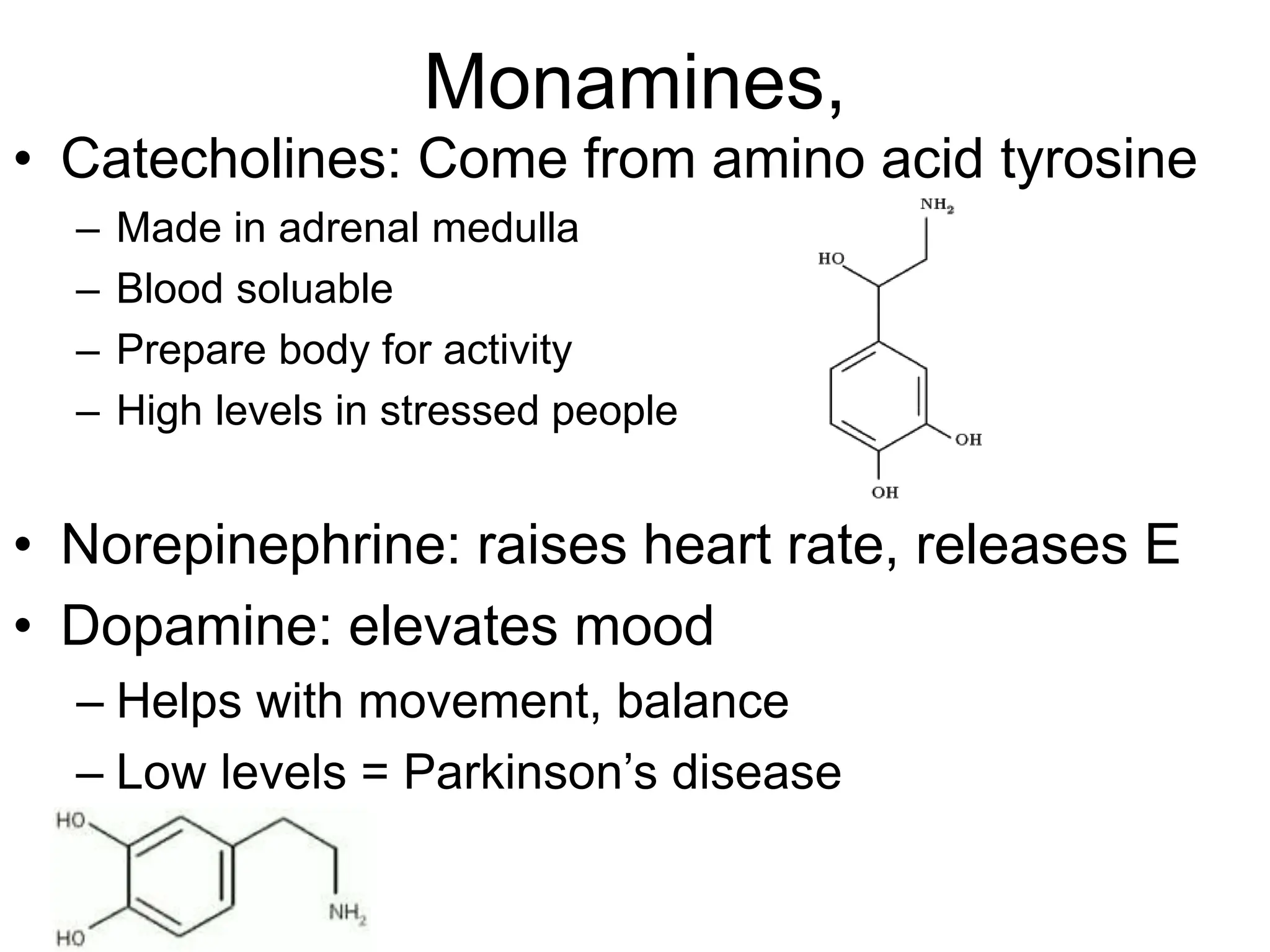 Monamines,
• Catecholines: Come from amino acid tyrosine
– Made in adrenal medulla
– Blood soluable
– Prepare body for activity
– High levels in stressed people
• Norepinephrine: raises heart rate, releases E
• Dopamine: elevates mood
– Helps with movement, balance
– Low levels = Parkinson’s disease
 