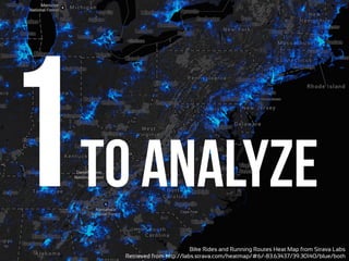 Bike Rides and Running Routes Heat Map from Strava Labs
Retrieved from http://labs.strava.com/heatmap/#6/-83.63437/39.30140/blue/both
1To analyze
 