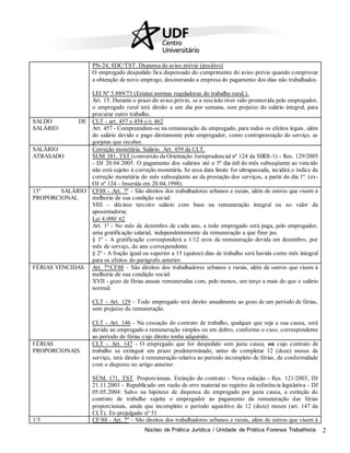 Núcleo de Prática Jurídica / Unidade de Prática Forense Trabalhista 2
PN-24, SDC/TST. Dispensa do aviso prévio (positivo)
O empregado despedido fica dispensado do cumprimento do aviso prévio quando comprovar
a obtenção de novo emprego, desonerando a empresa do pagamento dos dias não trabalhados.
LEI Nº 5.889/73 (Estatui normas reguladoras do trabalho rural.).
Art. 15. Durante o prazo do aviso prévio, se a rescisão tiver sido promovida pelo empregador,
o empregado rural terá direito a um dia por semana, sem prejuízo do salário integral, para
procurar outro trabalho.
SALDO DE
SALÁRIO
CLT - art. 457 e 458 c/c 462
Art. 457 - Compreendem-se na remuneração do empregado, para todos os efeitos legais, além
do salário devido e pago diretamente pelo empregador, como contraprestação do serviço, as
gorjetas que receber.
SALÁRIO
ATRASADO
Correção monetária. Salário. Art. 459 da CLT.
SUM 381, TST (conversão da Orientação Jurisprudencial nº 124 da SBDI-1) - Res. 129/2005
- DJ 20.04.2005. O pagamento dos salários até o 5º dia útil do mês subseqüente ao vencido
não está sujeito à correção monetária. Se essa data limite for ultrapassada, incidirá o índice da
correção monetária do mês subseqüente ao da prestação dos serviços, a partir do dia 1º. (ex-
OJ nº 124 - Inserida em 20.04.1998).
13º SALÁRIO
PROPORCIONAL
CF88 - Art. 7º - São direitos dos trabalhadores urbanos e rurais, além de outros que visem à
melhoria de sua condição social:
VIII - décimo terceiro salário com base na remuneração integral ou no valor da
aposentadoria;
Lei 4.090/ 62
Art. 1º - No mês de dezembro de cada ano, a todo empregado será paga, pelo empregador,
uma gratificação salarial, independentemente da remuneração a que fizer jus.
§ 1º - A gratificação corresponderá a 1/12 avos da remuneração devida em dezembro, por
mês de serviço, do ano correspondente.
§ 2º - A fração igual ou superior a 15 (quinze) dias de trabalho será havida como mês integral
para os efeitos do parágrafo anterior.
FÉRIAS VENCIDAS Art. 7º/CF88 – São direitos dos trabalhadores urbanos e rurais, além de outros que visem à
melhoria de sua condição social:
XVII - gozo de férias anuais remuneradas com, pelo menos, um terço a mais do que o salário
normal;
CLT - Art. 129 - Todo empregado terá direito anualmente ao gozo de um período de férias,
sem prejuízo da remuneração.
CLT - Art. 146 - Na cessação do contrato de trabalho, qualquer que seja a sua causa, será
devida ao empregado a remuneração simples ou em dobro, conforme o caso, correspondente
ao período de férias cujo direito tenha adquirido.
FÉRIAS
PROPORCIONAIS
CLT - Art. 147 - O empregado que for despedido sem justa causa, ou cujo contrato de
trabalho se extinguir em prazo predeterminado, antes de completar 12 (doze) meses de
serviço, terá direito à remuneração relativa ao período incompleto de férias, de conformidade
com o disposto no artigo anterior.
SÚM. 171, TST. Proporcionais. Extinção do contrato - Nova redação - Res. 121/2003, DJ
21.11.2003 - Republicado em razão de erro material no registro da referência legislativa - DJ
05.05.2004: Salvo na hipótese de dispensa do empregado por justa causa, a extinção do
contrato de trabalho sujeita o empregador ao pagamento da remuneração das férias
proporcionais, ainda que incompleto o período aquisitivo de 12 (doze) meses (art. 147 da
CLT). Ex-prejulgado nº 51
1/3 CF/88 - Art. 7º – São direitos dos trabalhadores urbanos e rurais, além de outros que visem à
 