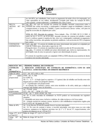 Núcleo de Prática Jurídica / Unidade de Prática Forense Trabalhista 4
de 160 BTN, por trabalhador, bem assim ao pagamento da multa a favor do empregado, em
valor equivalente ao seu salário, devidamente corrigido pelo índice de variação do BTN,
salvo quando, comprovadamente, o trabalhador der causa à mora.
MULTA DO
ARTIGO 467 DA
CLT
Art. 467. Em caso de rescisão de contrato de trabalho, havendo controvérsia sobre o
montante das verbas rescisórias, o empregador é obrigado a pagar ao trabalhador, à data do
comparecimento à Justiça do Trabalho, a parte incontroversa dessas verbas, sob pena de
pagá-las acrescidas de cinqüenta por cento.
SÚM. 69, TST. Rescisão do contrato - Nova redação - Res. 121/2003, DJ 21.11.2003. A
partir da Lei nº 10.272, de 05.09.2001, havendo rescisão do contrato de trabalho e sendo
revel e confesso quanto à matéria de fato, deve ser o empregador condenado ao pagamento
das verbas rescisórias, não quitadas na primeira audiência, com acréscimo de 50% (cinqüenta
por cento).
CONTRATOS DE
EXPERIÊNCIA
CLT - Art. 445 – O contrato de trabalho por prazo determinado não poderá ser estipulado por
mais de 2 (dois) anos, observada a regra do art. 451.
Parágrafo único. O contrato de experiência não poderá exceder de 90 (noventa) dias.
Art. 451 - O contrato de trabalho por prazo determinado que, tácita ou expressamente, for
prorrogado mais de uma vez passará a vigorar sem determinação de prazo.
O contrato de experiência pode ser estipulado COM ou SEM cláusula assecuratória do direito
recíproco de rescisão antecipada
RESCISÃO DO
CONTRATO
DE
EXPERIÊNCIA
- TÉRMINO NORMAL DO CONTRATO
- RESCISÃO ANTECIPADA DO CONTRATO DE EXPERIÊNCIA COM OU SEM
CLÁUSULA ASSECURATÓRIA DO DIREITO RECÍPROCO
Saldo de salário CLT - Art. 457 e 458 c/c 462
13º salário
proporcional
CF88 - Art. 7º, VIII
Lei 4.090/ 62
Art. 1º - § 2º - A fração igual ou superior a 15 (quinze) dias de trabalho será havida como mês
integral para os efeitos do parágrafo anterior;
§ 3º - A gratificação será proporcional:
I - na extinção dos contratos a prazo, entre estes incluídos os de safra, ainda que a relação de
emprego haja findado antes de dezembro;
Férias
proporcionais
Art. 7º/CF88 –XVII
CLT - Art. 147 – SÚM. 171, TST.
1/3 constitucional CF/88 – Art. 7º, XVII e SÚM. 328, TST
FGTS Art. 20. A conta vinculada do trabalhador no FGTS poderá ser movimentada nas seguintes
situações:
I - despedida sem justa causa, inclusive a indireta, de culpa recíproca e de força maior;
IX - extinção normal do contrato a termo, inclusive o dos trabalhadores temporários regidos pela
Lei nº 6.019, de 3 de janeiro de 1974;
Multa de 40% Art. 14 do Decreto 99.684/90 (quando houver rescisão antecipada)
Art. 14. No caso de contrato a termo, a rescisão antecipada, sem justa causa ou com culpa
recíproca, equipara-se às hipóteses previstas nos §§ 1° e 2° do art. 9°, respectivamente, sem
prejuízo do disposto no art. 479 da CLT.
Artigo 477, §§ 6º
e 8º da CLT
Multa do Artigo 477, §§ 6º e 8º da CLT
Artigo 467 da
CLT
Multa do Artigo 467 da CLT
 