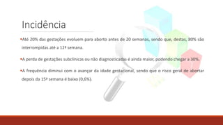 Incidência
Até 20% das gestações evoluem para aborto antes de 20 semanas, sendo que, destas, 80% são
interrompidas até a 12ª semana.
A perda de gestações subclínicas ou não diagnosticadas é ainda maior, podendo chegar a 30%.
A frequência diminui com o avançar da idade gestacional, sendo que o risco geral de abortar
depois da 15ª semana é baixo (0,6%).
 