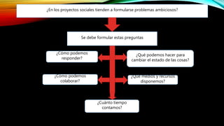 ¿En los proyectos sociales tienden a formularse problemas ambiciosos?
Se debe formular estas preguntas
¿Qué podemos hacer para
cambiar el estado de las cosas?
¿Cómo podemos
responder?
¿Cómo podemos
colaborar?
¿Qué medios y recursos
disponemos?
¿Cuánto tiempo
contamos?
 