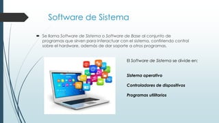 Software de Sistema
 Se llama Software de Sistema o Software de Base al conjunto de
programas que sirven para interactuar con el sistema, confiriendo control
sobre el hardware, además de dar soporte a otros programas.
El Software de Sistema se divide en:
Sistema operativo
Controladores de dispositivos
Programas utilitarios
 