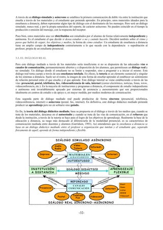 A través de un diálogo simulado y asíncrono se establece la primera comunicación de doble vía entre la institución que
enseña a través de los materiales y el estudiante que pretende aprender. En principio, unos materiales ideados para la
enseñanza a distancia, deben representar algún tipo de diálogo con el destinatario de los mensajes. Pero será un diálogo
simulado, nunca real, y por la propia naturaleza del soporte, de carácter asíncrono. No pueden coincidir en el tiempo la
producción o emisión del mensaje, con la respuesta del receptor.

Pues bien, estos materiales una vez distribuidos son estudiados por el alumno de forma relativamente independiente y
autónoma. Es el estudiante el que decide si desea estudiar o no y cuándo hacerlo. Decidirá también sobre el ritmo y
pasos que habrá de seguir, los objetivos y medios, la forma de cómo estudiar. Un estudiante de enseñanza a distancia
tiene un amplio campo de independencia contrariamente a lo que sucede con la dependencia o supeditación al
profesor, propia de un estudiante presencial.


3.3. EL DIÁLOGO REAL

Pero este diálogo mediado a través de los materiales sería insuficiente si no se dispusiera de las adecuadas vías o
canales de comunicación, permanentemente abiertos y a disposición de los alumnos, que permitiesen un diálogo real y
no simulado. Un diálogo donde el estudiante no se limite a responder, sino a preguntar o a iniciar el mismo. Este
diálogo real toma cuerpo a través de una enseñanza tutelada. En efecto, la tutoría es un elemento sustancial y singular
de los sistemas a distancia. Suele ser el rostro, la imagen de esta forma de enseñar-aprender al establecer un sentimiento
de relación personal entre el que enseña y el que aprende. Este diálogo tutorial se viene estableciendo a través de las
vías: presencial, postal, telefónica, fax, videoconferencia de sala, internet (correo electrónico, noticias, listas, www,
videoconferencia, etc.). En la mayoría de instituciones y programas a distancia, el componente de estudio independiente
o autónomo está invariablemente apoyado por sistemas de asistencia y asesoramiento que son proporcionados
idealmente en centros de estudio o de apoyo o, en mayor medida, por medios modernos de comunicación.

Esta segunda parte de diálogo mediado real puede producirse de forma síncrona (presencial, telefónica,
videoconferencia, internet) o asíncrona (postal, fax, internet). En definitiva, este diálogo didáctico mediado pretende
producir un aprendizaje pero no en solitario sino guiado.

En fin, la teoría del diálogo didáctico mediado, basa su propuesta en el diálogo a través de los medios que, cuando se
trata de los materiales, descansa en el autoestudio y cuando se trata de las vías de comunicación, en el refuerzo que
desde la institución, a través de la tutoría se hace para el logro de los objetivos de aprendizaje. Realmente la base de la
educación a distancia, su rasgo más destacado al diferenciarla de la modalidad presencial, es su característica de
comunicación mediada entre docentes y alumnos (Garridson, 1993). Así entendemos que la enseñanza a distancia se
basa en un diálogo didáctico mediado entre el profesor u organización que tutelan y el estudiante que, separado
físicamente de aquél, aprende de forma independiente y flexible.


                                                                D IÁ LO GO S IM U LA D O A S ÍN C R O N O

                                                              A ud io               V íd eo
                                                                                                            Inform át.
                                                              R ad io               Televis.

                                        Im pr eso                             M A T E R IA L E S                                           Internet
                                                                               A L M A C E N A M IE N T O                D IS
                                                                                                             ES                 TR
                                                               ÑO                                                 TU                 IBU
                                                          SE
                                                                              A UT O E S TU D IO
                                                                       N                                               D IO
                                                     DI             IÓ                                                                     C IÓ
                                                                 CC                                                           IN D                N
                                                              DU                                                                     EP
          Lorenzo García Aretio




                                                       O                                                                                  EN
                                                    PR                                                                                         D IE
                                                                                                                                                      NT
                                                                                                                                                           E
                                  IN S T IT U C IÓ N                         D IÁ LO GO D ID Á CT ICO                                             A PR E N D IZ A J E
                                  A D IS T A N C IA                                   M E D IA D O                                                   F LEX IB LE
                                                EN
                                                     SE                                                                                   JE
                                               TU         ÑA                                                                          IZA
                                                                                                                                   ND
                                                                                RE F O RZ A D O
                                                    TE         NZ                                                              E
                                                         LA         A                                                   A   PR         AD
                                                                                                                                          O
                                                              DA                                                                G   UI                         E m ail
                                                                                 CA N ALES
                                                                                                                                                               N ew s
                                        Presencial                            CO M UN ICA CIÓ N                                         Internet
                                                                                                                                                               Listas
                                                                                                                                                               WW W
                                                                                  Teléf ono                                                                    V id eoconf .
                                                                    Postal                                  V ideoc onf.
                                                                                    F ax

                                                D IÁ LO G O R EA L S ÍN C RO N O - A S ÍN C RO N O


                                                                                           -32-
 