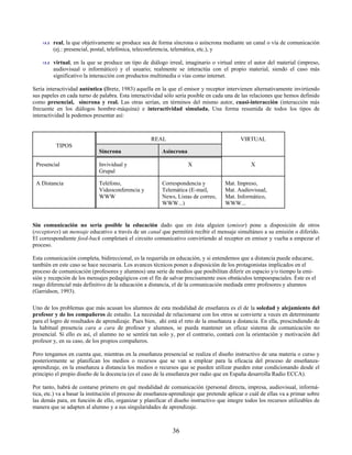 real, la que objetivamente se produce sea de forma síncrona o asíncrona mediante un canal o vía de comunicación
         (ej.: presencial, postal, telefónica, teleconferencia, telemática, etc.), y

         virtual, en la que se produce un tipo de diálogo irreal, imaginario o virtual entre el autor del material (impreso,
         audiovisual o informático) y el usuario; realmente se interactúa con el propio material, siendo el caso más
         significativo la interacción con productos multimedia o vías como internet.

Sería interactividad auténtica (Bretz, 1983) aquella en la que el emisor y receptor intervienen alternativamente invirtiendo
sus papeles en cada turno de palabra. Esta interactividad sólo sería posible en cada una de las relaciones que hemos definido
como presencial, síncrona y real. Las otras serían, en términos del mismo autor, cuasi-interacción (interacción más
frecuente en los diálogos hombre-máquina) e interactividad simulada. Una forma resumida de todos los tipos de
interactividad la podemos presentar así:



                                                    REAL                                    VIRTUAL
          TIPOS
                             Síncrona                    Asíncrona

 Presencial                  Invividual y                            X                           X
                             Grupal

 A Distancia                 Teléfono,                   Correspondencia y           Mat. Impreso,
                             Videoconferencia y          Telemática (E-mail,         Mat. Audiovisual,
                             WWW                         News, Listas de correo,     Mat. Informático,
                                                         WWW...)                     WWW...


Sin comunicación no sería posible la educación dado que en ésta alguien (emisor) pone a disposición de otros
(receptores) un mensaje educativo a través de un canal que permitirá recibir el mensaje simultáneo a su emisión o diferido.
El correspondiente feed-back completará el circuito comunicativo convirtiendo al receptor en emisor y vuelta a empezar el
proceso.

Esta comunicación completa, bidireccional, es la requerida en educación, y si entendemos que a distancia puede educarse,
también en este caso se hace necesaria. Los avances técnicos ponen a disposición de los protagonistas implicados en el
proceso de comunicación (profesores y alumnos) una serie de medios que posibilitan diferir en espacio y/o tiempo la emi-
sión y recepción de los mensajes pedagógicos con el fin de salvar precisamente esos obstáculos tempoespaciales. Éste es el
rasgo diferencial más definitivo de la educación a distancia, el de la comunicación mediada entre profesores y alumnos
(Garridson, 1993).

Uno de los problemas que más acusan los alumnos de esta modalidad de enseñanza es el de la soledad y alejamiento del
profesor y de los compañeros de estudio. La necesidad de relacionarse con los otros se convierte a veces en determinante
para el logro de resultados de aprendizaje. Pues bien, ahí está el reto de la enseñanza a distancia. En ella, prescindiendo de
la habitual presencia cara a cara de profesor y alumnos, se pueda mantener un eficaz sistema de comunicación no
presencial. Si ello es así, el alumno no se sentirá tan solo y, por el contrario, contará con la orientación y motivación del
profesor y, en su caso, de los propios compañeros.

Pero tengamos en cuenta que, mientras en la enseñanza presencial se realiza el diseño instructivo de una materia o curso y
posteriormente se planifican los medios o recursos que se van a emplear para la eficacia del proceso de enseñanza-
aprendizaje, en la enseñanza a distancia los medios o recursos que se pueden utilizar pueden estar condicionando desde el
principio el propio diseño de la docencia (es el caso de la enseñanza por radio que en España desarrolla Radio ECCA).

Por tanto, habrá de contarse primero en qué modalidad de comunicación (personal directa, impresa, audiovisual, informá-
tica, etc.) va a basar la institución el proceso de enseñanza-aprendizaje que pretende aplicar o cuál de ellas va a primar sobre
las demás para, en función de ello, organizar y planificar el diseño instructivo que integre todos los recursos utilizables de
manera que se adapten al alumno y a sus singularidades de aprendizaje.



                                                              36
 