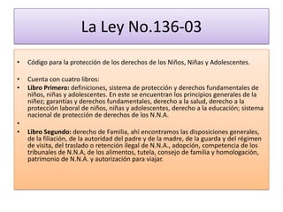 La Ley No.136-03
•

Código para la protección de los derechos de los Niños, Niñas y Adolescentes.

•
•

Cuenta con cuatro libros:
Libro Primero: definiciones, sistema de protección y derechos fundamentales de
niños, niñas y adolescentes. En este se encuentran los principios generales de la
niñez; garantías y derechos fundamentales, derecho a la salud, derecho a la
protección laboral de niños, niñas y adolescentes, derecho a la educación; sistema
nacional de protección de derechos de los N.N.A.

•
•

Libro Segundo: derecho de Familia, ahí encontramos las disposiciones generales,
de la filiación, de la autoridad del padre y de la madre, de la guarda y del régimen
de visita, del traslado o retención ilegal de N.N.A., adopción, competencia de los
tribunales de N.N.A, de los alimentos, tutela, consejo de familia y homologación,
patrimonio de N.N.A. y autorización para viajar.

 