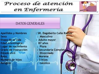 Apellidos y Nombres : SR. Dagoberto Calle Ramos
Sexo : Masculino
Etapa de la vida : Adulto mayor
Edad cronológica : 87 años
Lugar de nacimiento : Piura
Grado de instrucción : Secundaria Completa
Estado civil : Divorciado
Raza : Morena
Número de hijos : 3 hijos
Religión : católico
DATOS GENERALES
 