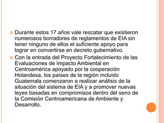 Durante estos 17 años vale rescatar que existieron numerosos borradores de reglamentos de EIA sin tener ninguno de ellos el suficiente apoyo para lograr en convertirse en decreto gubernativo. Con la entrada del Proyecto Fortalecimiento de las Evaluaciones de Impacto Ambiental en Centroamérica apoyado por la cooperación Holandesa, los países de la región incluido Guatemala comenzaron a realizar análisis de la situación del sistema de EIA y a promover nuevas leyes basadas en compromisos dentro del seno de la Comisión Centroamericana de Ambiente y Desarrollo.