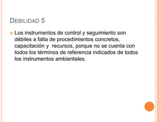 Debilidad 5Los instrumentos de control y seguimiento son débiles a falta de procedimientos concretos, capacitación y  recursos, porque no se cuenta con todos los términos de referencia indicados de todos los instrumentos ambientales.