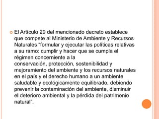 El Artículo 29 del mencionado decreto establece que compete al Ministerio de Ambiente y Recursos Naturales “formular y ejecutar las políticas relativas a su ramo: cumplir y hacer que se cumpla el régimen concerniente a la conservación, protección, sostenibilidad y mejoramiento del ambiente y los recursos naturales en el país y el derecho humano a un ambiente saludable y ecológicamente equilibrado, debiendo prevenir la contaminación del ambiente, disminuir el deterioro ambiental y la pérdida del patrimonio natural”.