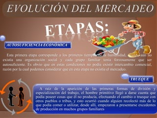AUTOSUFICIENCIA ECONÓMICA
Esta primera etapa corresponde a los primeros tiempos de la humanidad, cuando aún no
existía una organización social y cada grupo familiar tenía forzosamente que ser
autosuficiente. Es obvio que en estas condiciones no podía existir intercambio comercial,
razón por la cual podemos considerar que en esta etapa no existía el mercadeo.
TRUEQUE
A raíz de la aparición de las primeras formas de división y
especialización del trabajo, el hombre primitivo llegó a darse cuenta que
podía poseer cosas que él no producía, efectuando el cambio o trueque con
otros pueblos o tribus, y esto ocurrió cuando alguien recolectó más de lo
que podía comer o utilizar, desde allí, empezaron a presentarse excedentes
de producción en muchos grupos familiares
 