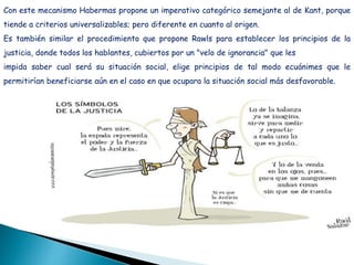 Con este mecanismo Habermas propone un imperativo categórico semejante al de Kant, porque
tiende a criterios universalizables; pero diferente en cuanto al origen.
Es también similar el procedimiento que propone Rawls para establecer los principios de la
justicia, donde todos los hablantes, cubiertos por un "velo de ignorancia" que les
impida saber cual será su situación social, elige principios de tal modo ecuánimes que le
permitirían beneficiarse aún en el caso en que ocupara la situación social más desfavorable.
 