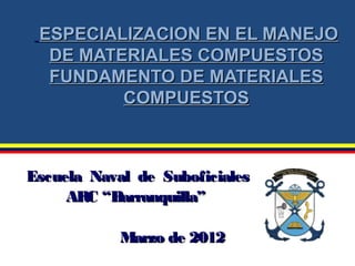 ESPECIALIZACION EN EL MANEJO
  DE MATERIALES COMPUESTOS
  FUNDAMENTO DE MATERIALES
         COMPUESTOS



Escuela Naval de Suboficiales
     ARC “Barranquilla”

            Marzo de 2012
 