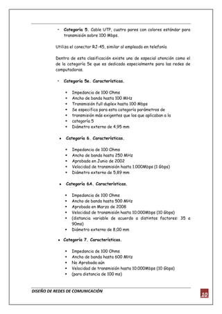 DISEÑO DE REDES DE COMUNICACIÓN
10
• Categoría 5. Cable UTP, cuatro pares con colores estándar para
transmisión sobre 100 Mbps.
Utiliza el conector RJ-45, similar al empleado en telefonía
Dentro de esta clasificación existe uno de especial atención como el
de la categoría 5e que es dedicado especialmente para las redes de
computadoras.
• Categoría 5e. Características.
 Impedancia de 100 Ohms
 Ancho de banda hasta 100 MHz
 Transmisión full duplex hasta 100 Mbps
 Se especifica para esta categoría parámetros de
 transmisión más exigentes que los que aplicaban a la
 categoría 5
 Diámetro externo de 4,95 mm
Categoría 6. Características.
 Impedancia de 100 Ohms
 Ancho de banda hasta 250 MHz
 Aprobada en Junio de 2002
 Velocidad de transmisión hasta 1.000Mbps (1 Gbps)
 Diámetro externo de 5,89 mm
Categoría 6A. Características.
 Impedancia de 100 Ohms
 Ancho de banda hasta 500 MHz
 Aprobada en Marzo de 2008
 Velocidad de transmisión hasta 10.000Mbps (10 Gbps)
 (distancia variable de acuerdo a distintos factores: 35 a
90ms)
 Diámetro externo de 8,00 mm
Categoría 7. Características.
 Impedancia de 100 Ohms
 Ancho de banda hasta 600 MHz
 No Aprobada aún
 Velocidad de transmisión hasta 10.000Mbps (10 Gbps)
 (para distancia de 100 ms)
 
