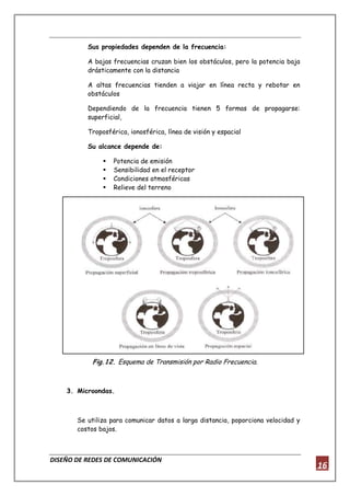 DISEÑO DE REDES DE COMUNICACIÓN
16
Sus propiedades dependen de la frecuencia:
A bajas frecuencias cruzan bien los obstáculos, pero la potencia baja
drásticamente con la distancia
A altas frecuencias tienden a viajar en línea recta y rebotar en
obstáculos
Dependiendo de la frecuencia tienen 5 formas de propagarse:
superficial,
Troposférica, ionosférica, línea de visión y espacial
Su alcance depende de:
 Potencia de emisión
 Sensibilidad en el receptor
 Condiciones atmosféricas
 Relieve del terreno
Fig.12. Esquema de Transmisión por Radio Frecuencia.
3. Microondas.
Se utiliza para comunicar datos a larga distancia, poporciona velocidad y
costos bajos.
 