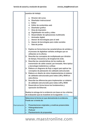 Servicio de asesoría y resolución de ejercicios ciencias_help@hotmail.com
www.maestronline.com
puestos de trabajo:
a. Director del curso
b. Diseñador instruccional
c. Editor
d. Editor de contenidos web
e. Diseñador grafico
f. Área de impresión
g. Digitalizador de audio y video
h. Desarrollador de aplicaciones multimedia
i. Animador digital
j. Asesor de tecnologías para el web
k. Asesor de tecnologías para redes sociales
l. Sala de juntas
1. Explica en forma breve las características de señales y
el proceso de digitalizar señales análogas que se
utilizarían en la oficina.
2. Describe los conceptos de multiplexado por división
de tiempo, frecuencia y de longitud de onda.
3. Describe las características de los medios de
transmisión de cable coaxial, par trenzado, fibra óptica
y tecnología inalámbrica a utilizar.
4. Elabora un diagrama de flujo a seguir para aplicar los
conceptos de planeación de cableado estructurado
5. Elabora un diseño de cómo implementarías el sistema
de cableado estructurado para redes LAN y WAN en
esta oficina.
6. Describe las diferencias para implementar un sistema
de cableado estructurado para redes LAN y WAN
7. Desarrolla en forma breve los fundamentos y
operación de Ethernet.
Realiza la entrega de tu evidencia con base en los criterios
de evaluación que se muestran en la siguiente rúbrica.
Demostración:
Selecciona la forma en que demostrarás la evidencia.
Puede ser a través de:
 Presentaciones originales y creativas presenciales
 Videograbaciones
 Podcast
 Planteamiento de propuestas
20%
 