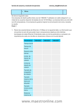 Servicio de asesoría y resolución de ejercicios ciencias_help@hotmail.com
www.maestronline.com
 Otros
Se tiene el siguiente caso:
Una empresa de diseño gráfico tiene una red 10BASE-T cableada con cable categoría 5. La
mitad de los usuarios disponen de tarjetas de red 10/100 Mbps. La empresa tiene una red LAN
con 20 computadoras. A la empresa le gustaría mejorar la comunicación de la red y necesita
su ayuda.
Parte 1
1. Reúne las características de Ethernet a 10 Mbps en la siguiente tabla. La información que
encuentres te será útil para poder hacer comparaciones objetivas entre distintas
tecnologías de redes Ethernet. Entenderás cada uno de los parámetros a comparar y la
importancia de cada uno de ellos en situaciones críticas en el mundo laboral:
Parámetros 10BASE2 10BASE5 10BASET
Tiempo de bit
Tiempo de
ranura
Espacio entre
tramas
Límite de
intento de
colisión
Límite de
retardo de
colisión
Tamaño de
congestión
de colisión
Tamaño
máximo de la
trama sin
etiquetar
Tamaño
mínimo de la
trama
Distancia
máxima de
 