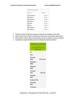 Servicio de asesoría y resolución de ejercicios ciencias_help@hotmail.com
www.maestronline.com
c. Calculen el total de KB que ocupan en memoria las imágenes de la lista.
d. ¿Para qué les sirve medir la cantidad de información que pueden almacenar?
e. Cada número, letra o signo de puntuación ocupa un espacio ¿Cómo lo miden?
f. Completen la siguiente tabla con las unidades de almacenamiento:
Unidades de medida para
el
almacenamiento de
información
bit
byte
Kilobyte
(KB) 1024 bytes
Megabyte
(MB)
Gigabyte
(GB)
Terabyte
(TB) 1024 GB
Petabyte
(PB)
Exabyte (EB)
Zettabyte
(ZB)
Yottabyte
 