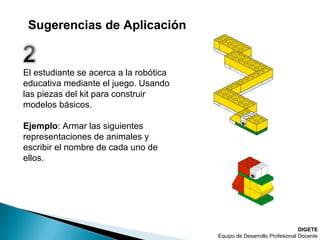 El estudiante se acerca a la robótica
educativa mediante el juego. Usando
las piezas del kit para construir
modelos básicos.
Ejemplo: Armar las siguientes
representaciones de animales y
escribir el nombre de cada uno de
ellos.
DIGETE
Equipo de Desarrollo Profesional Docente
Sugerencias de Aplicación
 