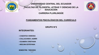 UNIVERSIDAD CENTRAL DEL ECUADOR
FACULTAD DE FILOSOFÍA, LETRAS Y CIENCIAS DE LA
EDUCACIÓN
CARRERA PLURILINGÜE
FUNDAMENTOS PSICOLÓGICOS DEL CURRÍCULO
GRUPO N°2
INTEGRANTES:
CAIZATOA VANESSA
CALLACANDO JAZMÍN
GUAMÁN CRISTHIAN
MOLINA ESTEFANIA
SEMESTRE: TERCERO
 
