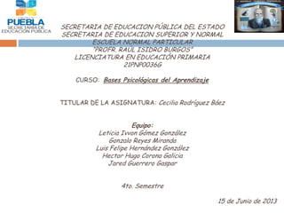 SECRETARIA DE EDUCACION PÚBLICA DEL ESTADO
SECRETARIA DE EDUCACION SUPERIOR Y NORMAL
ESCUELA NORMAL PARTICULAR
“PROFR. RAÚL ISIDRO BURGOS”
LICENCIATURA EN EDUCACIÓN PRIMARIA
21PNP0036G
CURSO: Bases Psicológicas del Aprendizaje
TITULAR DE LA ASIGNATURA: Cecilia Rodríguez Báez
Equipo:
Leticia Ivvon Gómez González
Gonzalo Reyes Miranda
Luis Felipe Hernández González
Hector Hugo Corona Galicia
Jared Guerrero Gaspar
4to. Semestre
15 de Junio de 2013
 