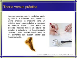 Teoría versus práctica Una comparación con la medicina puede ayudarnos a entender esta diferencia. Como práctica, la medicina tiene un objetivo: curar enfermedades y mantener los cuerpos sanos. Como teoría las ciencias médicas tienen un objeto de estudio: la estructura y el funcionamiento del cuerpo, como también la naturaleza de los elementos que puedan afectar ese funcionamiento.  Fuente: Ávila R., (2007). “Fundamentos de pedagogía”. Bogotá. Editorial Magisterio 