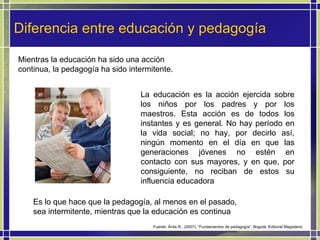 Diferencia entre educación y pedagogía Mientras la educación ha sido una acción continua, la pedagogía ha sido intermitente.  La educación es la acción ejercida sobre los niños por los padres y por los maestros. Esta acción es de todos los instantes y es general. No hay período en la vida social; no hay, por decirlo así, ningún momento en el día en que las generaciones jóvenes no estén en contacto con sus mayores, y en que, por consiguiente, no reciban de estos su influencia educadora Es lo que hace que la pedagogía, al menos en el pasado, sea intermitente, mientras que la educación es continua  Fuente: Ávila R., (2007). “Fundamentos de pedagogía”. Bogotá. Editorial Magisterio 