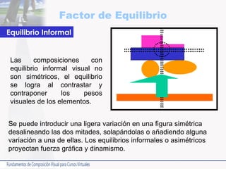 Factor de Equilibrio Las composiciones con equilibrio informal visual no son simétricos, el equilibrio se logra al contrastar y contraponer los pesos visuales de los elementos.  Se puede introducir una ligera variación en una figura simétrica desalineando las dos mitades, solapándolas o añadiendo alguna variación a una de ellas. Los equilibrios informales o asimétricos proyectan fuerza gráfica y dinamismo.  Equilibrio Informal 