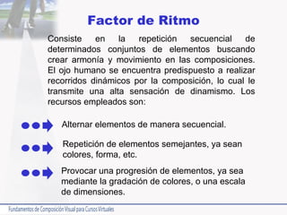 Factor de Ritmo Consiste en la repetición secuencial de determinados conjuntos de elementos buscando crear armonía y movimiento en las composiciones. El ojo humano se encuentra predispuesto a realizar recorridos dinámicos por la composición, lo cual le transmite una alta sensación de dinamismo. Los recursos empleados son: Alternar elementos de manera secuencial. Provocar una progresión de elementos, ya sea mediante la gradación de colores, o una escala  de dimensiones. Repetición de elementos semejantes, ya sean colores, forma, etc. 