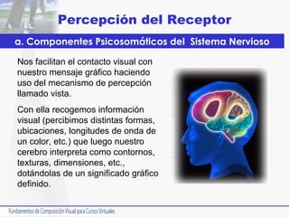 Percepción del Receptor a. Componentes Psicosomáticos del  Sistema Nervioso Nos facilitan el contacto visual con nuestro mensaje gráfico haciendo uso del mecanismo de percepción llamado vista.  Con ella recogemos información visual (percibimos distintas formas, ubicaciones, longitudes de onda de un color, etc.) que luego nuestro cerebro interpreta como contornos, texturas, dimensiones, etc., dotándolas de un significado gráfico definido. 