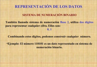 SISTEMA DE NUMERACIÓN BINARIO También llamado sistema de numeración  Base 2 , utiliza  dos dígitos  para representar cualquier cifra. Ellos son: 0, 1 Combinando estos dígitos, podemos construir cualquier  número. Ejemplo: El número 110101 es un dato representado en sistema de numeración binario. REPRESENTACIÓN DE LOS DATOS 