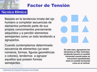 Factor de Tensión
Basada en la tendencia innata del ojo
humano a completar secuencias de
elementos portando parte de sus
propios conocimientos previamente
adquiridos y a percibir elementos
semejantes como un todo tendiendo a
agruparlos.
Cuando contemplamos determinada
secuencia de elementos (ya sean
números, formas, figuras geométricas
o colores), tendemos a agrupar
aquellos que poseen formas
semejantes.
Técnica Rítmica
En este caso, agrupamos los
elementos en filas verticales,
eludiendo hacerlo en sentido
horizontal cuando todos se
encuentran equidistantes
tanto en sentido horizontal
como en el vertical.
 