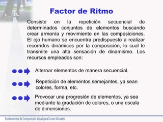 Factor de Ritmo
Consiste en la repetición secuencial de
determinados conjuntos de elementos buscando
crear armonía y movimiento en las composiciones.
El ojo humano se encuentra predispuesto a realizar
recorridos dinámicos por la composición, lo cual le
transmite una alta sensación de dinamismo. Los
recursos empleados son:
Alternar elementos de manera secuencial.
Provocar una progresión de elementos, ya sea
mediante la gradación de colores, o una escala
de dimensiones.
Repetición de elementos semejantes, ya sean
colores, forma, etc.
 