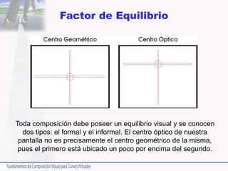 Factor de Equilibrio
Toda composición debe poseer un equilibrio visual y se conocen
dos tipos: el formal y el informal. El centro óptico de nuestra
pantalla no es precisamente el centro geométrico de la misma,
pues el primero está ubicado un poco por encima del segundo.
 