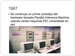 1987
 Se construye un primer prototipo del
hardware llamado Parallel Inference Machine
usando varias maquinas PS1 conectadas en
red
 