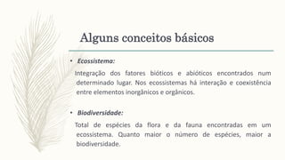 Alguns conceitos básicos
• Ecossistema:
Integração dos fatores bióticos e abióticos encontrados num
determinado lugar. Nos ecossistemas há interação e coexistência
entre elementos inorgânicos e orgânicos.
• Biodiversidade:
Total de espécies da flora e da fauna encontradas em um
ecossistema. Quanto maior o número de espécies, maior a
biodiversidade.
 