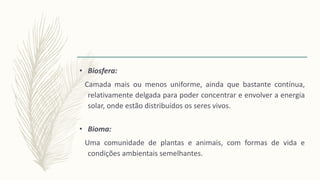 • Biosfera:
Camada mais ou menos uniforme, ainda que bastante contínua,
relativamente delgada para poder concentrar e envolver a energia
solar, onde estão distribuídos os seres vivos.
• Bioma:
Uma comunidade de plantas e animais, com formas de vida e
condições ambientais semelhantes.
 