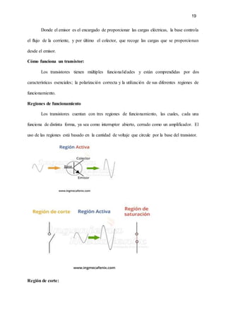 19
Donde el emisor es el encargado de proporcionar las cargas eléctricas, la base controla
el flujo de la corriente, y por último el colector, que recoge las cargas que se proporcionan
desde el emisor.
Cómo funciona un transistor:
Los transistores tienen múltiples funcionalidades y están comprendidas por dos
características esenciales; la polarización correcta y la utilización de sus diferentes regiones de
funcionamiento.
Regiones de funcionamiento
Los transistores cuentan con tres regiones de funcionamiento, las cuales, cada una
funciona de distinta forma, ya sea como interruptor abierto, cerrado como un amplificador. El
uso de las regiones está basado en la cantidad de voltaje que circule por la base del transistor.
Región de corte:
 