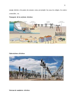 5
energía eléctrica a los puntos de consumo como, por ejemplo: las casas, los colegios, los centros
comerciales, etc.
Transporte de la corriente eléctrica:
Subestaciones eléctricas
Sistema de suministro eléctrico:
 
