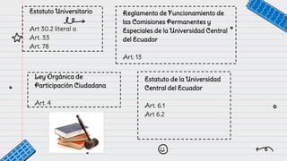 Estatuto Universitario
Art 30.2 literal a
Art. 33
Art. 78
Reglamento de Funcionamiento de
las Comisiones Permanentes y
Esp...