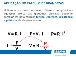 ___
APLICAÇÃO NO CÁLCULO DE GRANDEZAS
Utilizando as duas fórmulas, obtemos as principais
equações acerca das grandezas elétricas, podendo
combina-las para calcular tensão, corrente, resistência
e potência, de diversas formas.
V
R I
P= .
I
=
V . P=R I²
.
V
I
P
=___
V
P
=
V R.
 