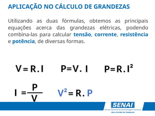 APLICAÇÃO NO CÁLCULO DE GRANDEZAS
Utilizando as duas fórmulas, obtemos as principais
equações acerca das grandezas elétricas, podendo
combina-las para calcular tensão, corrente, resistência
e potência, de diversas formas.
V
R I
P= .
I
=
V . P=R I²
.
V
I
P
= =
V² R.
___ P
 