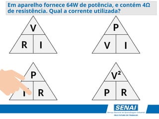 V
R I
P
V I
P
I² R
V²
P R
Em aparelho fornece 64W de potência, e contém 4Ω
de resistência. Qual a corrente utilizada?
 